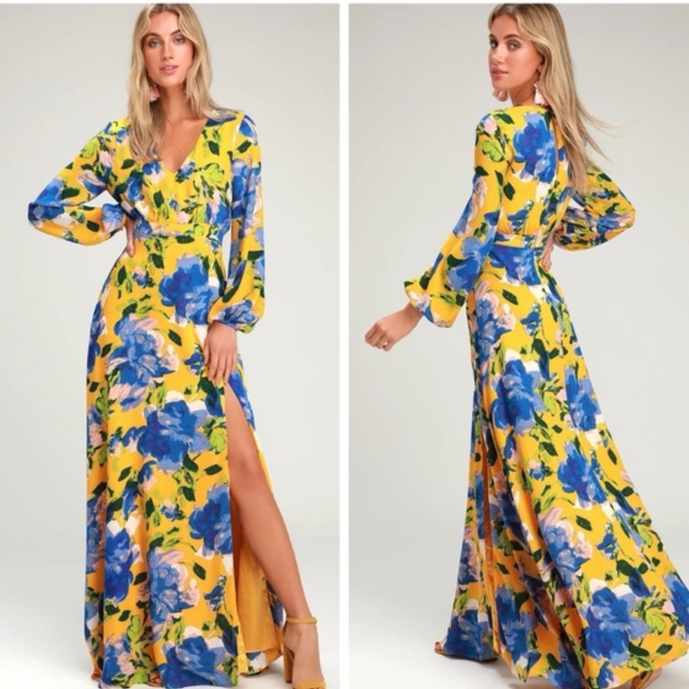 Lulu's Yellow and Blue Floral Maxi Dress